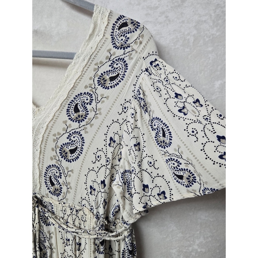 Angie Midi Dress Large Cream Navy Paisley Crochet Lace Trim Tiered Boho Peasant - Picture 9 of 10
